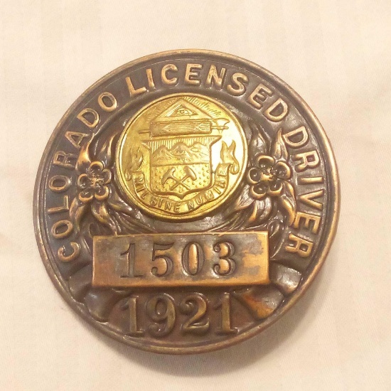 ANTIQUE 1921 LICENSED DRIVER BADGE, COLORADO, No. 1508