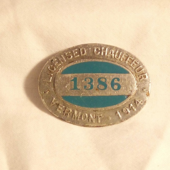 1914 LICENSED CHAUFFEUR BADGE, VERMONT, NO 1386