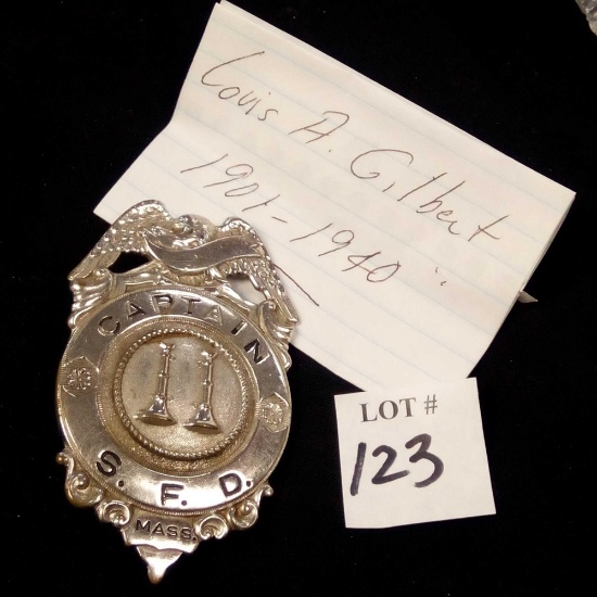Antique Massachusetts Fire Dept (S.F.D.) Badge with Engraving on Reverse