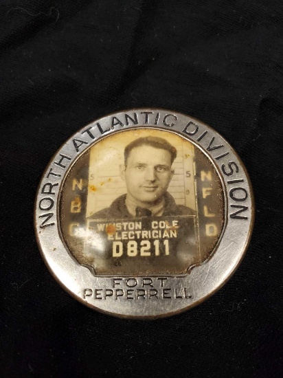 VERY VINTAGE NORTH ATLANTIC DIVISION EMPLOYEE/WORKER BADGE, FORT PEPPERELL, ELECTRICIAN w/ Photo
