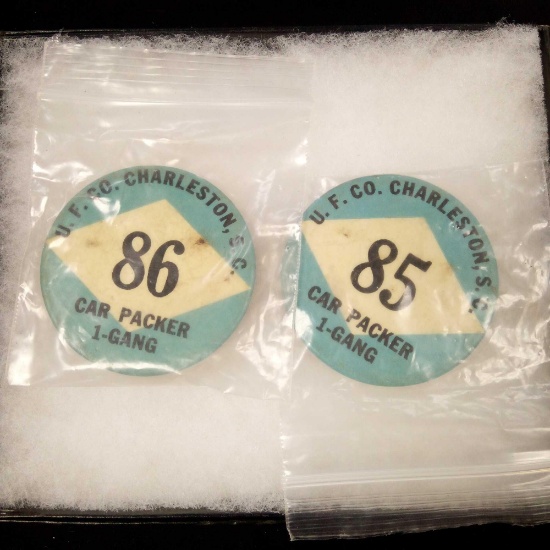 (2) U.F. Co. Charleston, SC Vintage Car Packer Buttons, 1-Gang, No. 85 & 86