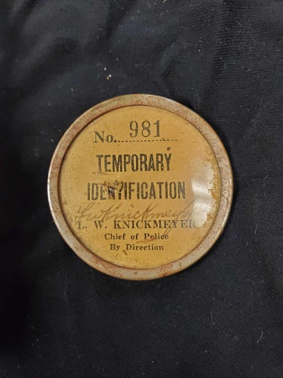 Vintage Badge Pin - #981 Temporary Identification W. KNICKMEYER