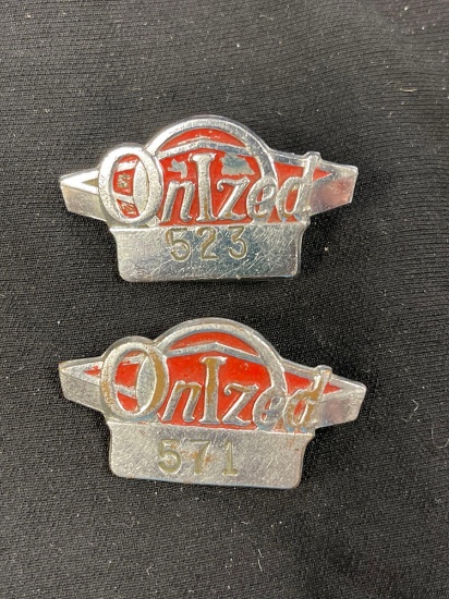 2 VINTAGE BADGES #523, #571, OnIzed, Owens Glass Factory