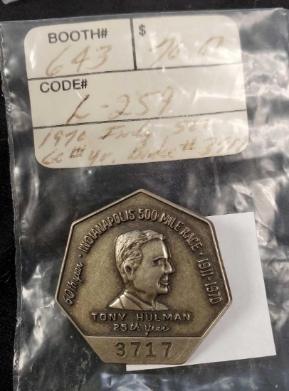 Vintage Badge Pin - #3717 INDIANAPOLIS 500 MILE RACE TONY HULMAN 25TH YEAR
