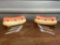 PAIR OF CERAMIC HOT DOG CONDIMENT SERVING TRAYS, includes spoons
