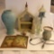 Group of Decor INCLUDING Wax Melts Burner, Convex Glass Framed Pictures