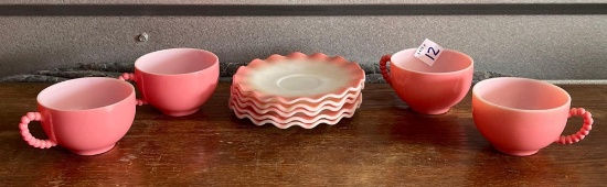 9 piece VINTAGE SET OF HAZEL ATLAS, RIPPLE PINK Cups and Saucers