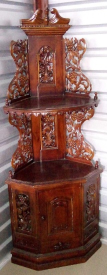 ABSOLUTELY GORGEOUS! TWO LEVEL WITH CABINET ORNATELY CARVED GRAPE VINE CORNER CABINET