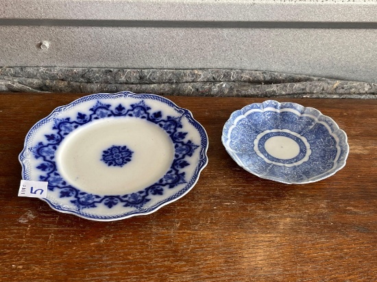 ANTIQUE FLOW BLUE PLATE including SAUCER