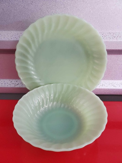 (2) FIRE KING JADEITE BOWL AND PLATE