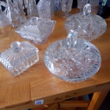 (4) Lidded pressed Glass compotes, starburst, waffle