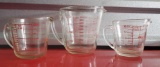 (3) Vintage Measuring Cups, glass, D handle, Pyrex, Fire King, and Anchor Hocking