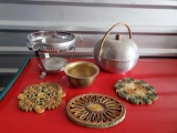 VINTAGE Mid Century KITCHEN includes Mirro Bun Warmer, brass planter, and woven hot pads