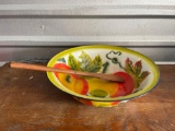 Vintage APPLE ENAMEL WARE, FRUIT BOWL including 17 in antique, handmade wooden spoon, paddle
