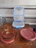 (4) storage containers including (2) Vintage Corning VISIONS soup bowls with lids plus divided