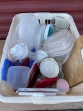 Laundry Basket of Plasticware, some new in package, includes cutting boards, mixing containers, food