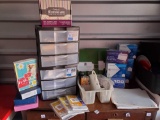 Office grouping including New Boxed envelopes, supplies, (2) Sterlite 3-drawer organizers ...