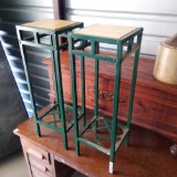 PAIR OF GREEN METAL WITH TILE TOP DOUBLE LEVEL PLANT STANDS