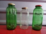 (3) Vintage JUICE/WATER embossed GLASS JARS including green
