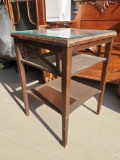 Antique glass top, 2 shelf table, square side table