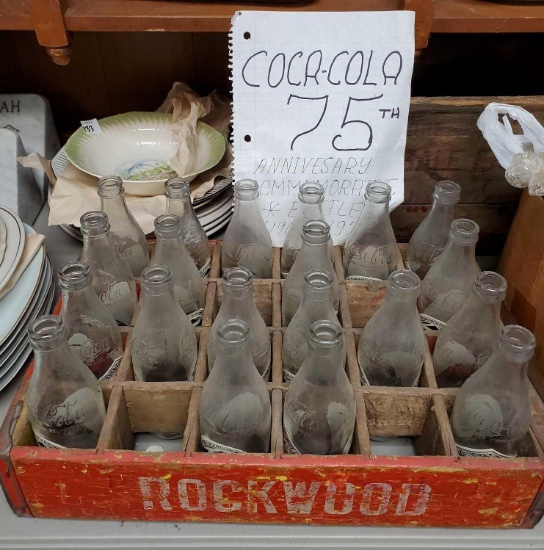 OLD ROCKWOOD WOODEN CRATE WITH COCA-COLA 75TH ANNIVERSARY BOTTLES (1903 TO 1978)