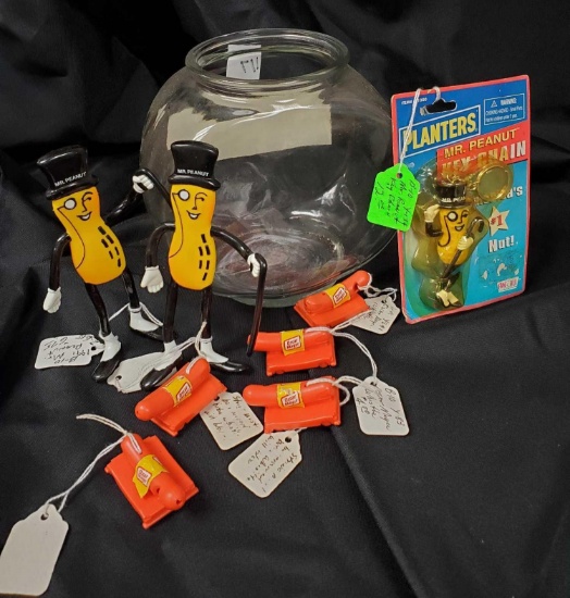 GLASS FISH BOWL SHAPED CANISTER WITH OSCAR MAYER WHISTLES AND RUSSCO PLANTERS POSABLE FIGURES