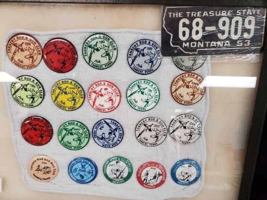COLLECTION OF TANNERY ROD & GUN CLUB BUTTONS plus MONTANA MOTORCYCLE TAG