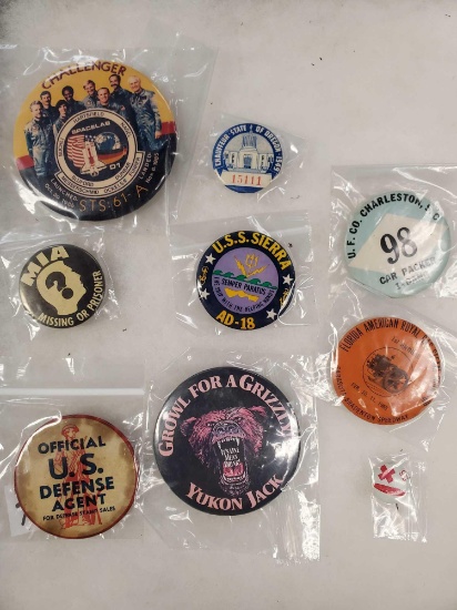 Vintage Collectible Buttons Pins including US Defense Agent, Challenger, MIA, Red Cross, more