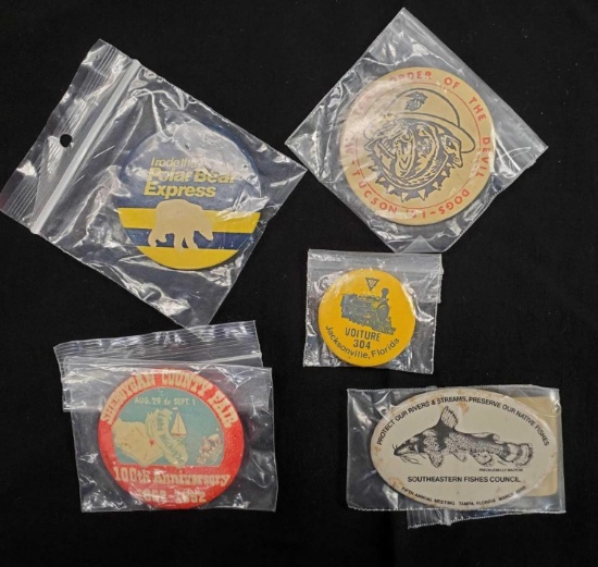 Vintage collectible buttons/pins - SHEBOYGAN COUNTY FAIR, FLORIDA, TUSCAN, POLAR BEAR EXPRESS