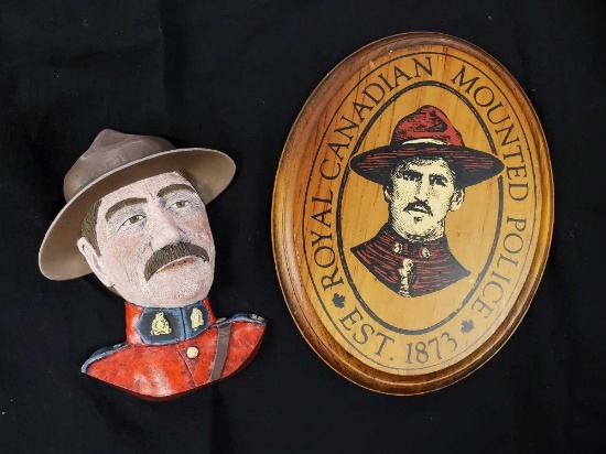 ROYAL CANADIAN MOUNTED POLICE WOODEN PLAQUE AND MOUNTIE CAST CERAMIC, wall hangings