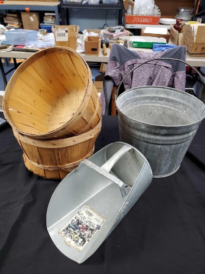 (4) pc. grouping galvanized bucket, scoop,and (2) fruit baskets