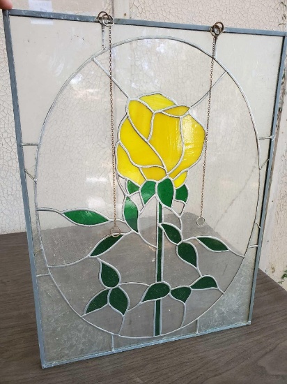 Large 20x15" YELLOW ROSE STAINED GLASS HANGING