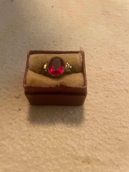 Antique Ring with large Ruby red center stone marked CCC