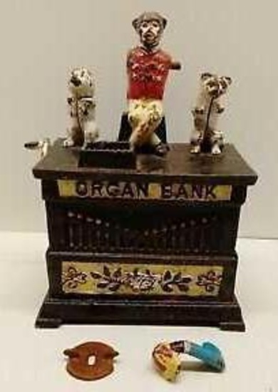 1882 Kyser & Rex Cast Iron "Organ Bank w/ Dog & Cat" Mechanical Bank Antique