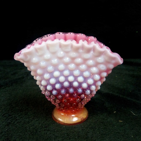 FENTON? Cranberry Opalescent Hobnail Glass Bud Vase Fan Style
