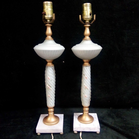 (2) Vintage Painted Swirled Glass Table Lamps Italian Fine Marble Base