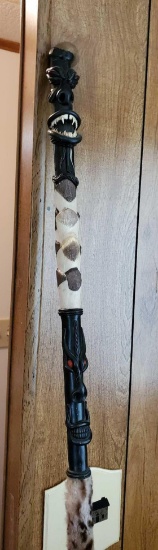 Very interesting African style wooden cane, handcrafted with animal scales, teeth