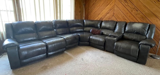 LARGE DARK GRAY FAUX LEATHER SECTIONAL WITH RECLINERS, CONSOLE FOR STORAGE,