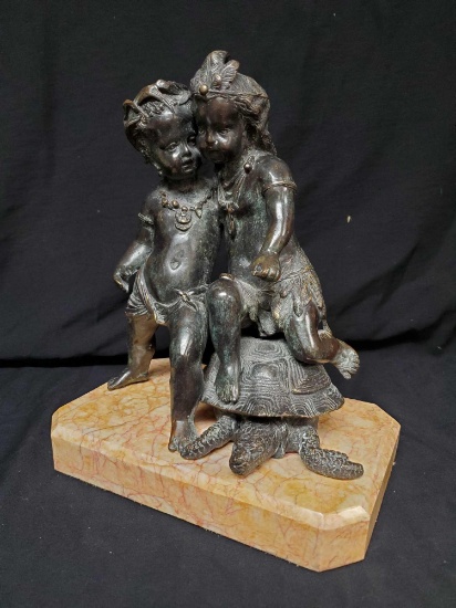 Rare Very Heavy Bronze Sculpture on Marble Base, Two Children Riding Sea Turtle