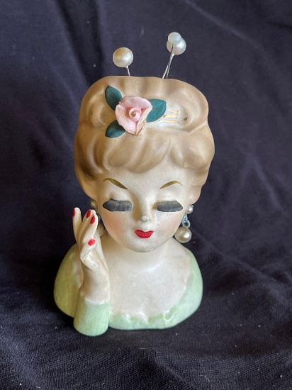 Vintage Inarco Fancy Lady Head Vase, Pin Cushion, Lady with Pearl Earrings,