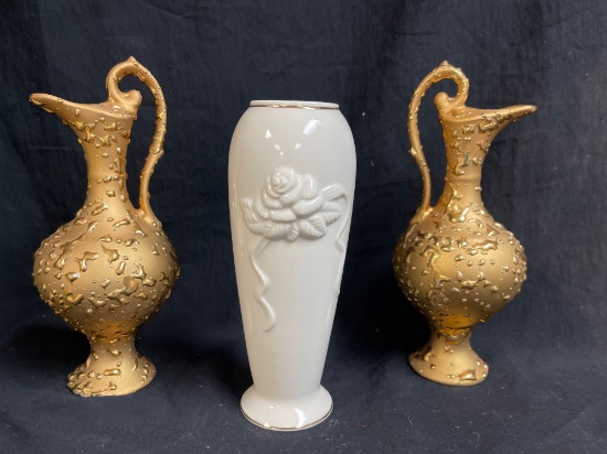 Vintage Weeping Gold 22K MCM Pitcher Vase, Lenox Rose Blossom Vase