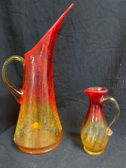 Mid Century Amberina Crackle Art Glass pitcher Stretched Lip, includes Small Pitcher