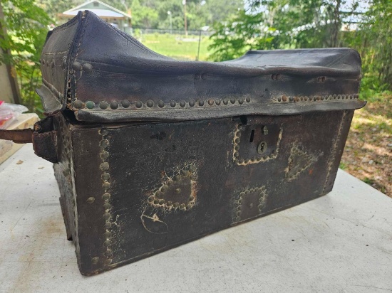 Antique hand tooled LEATHER BOX, studded