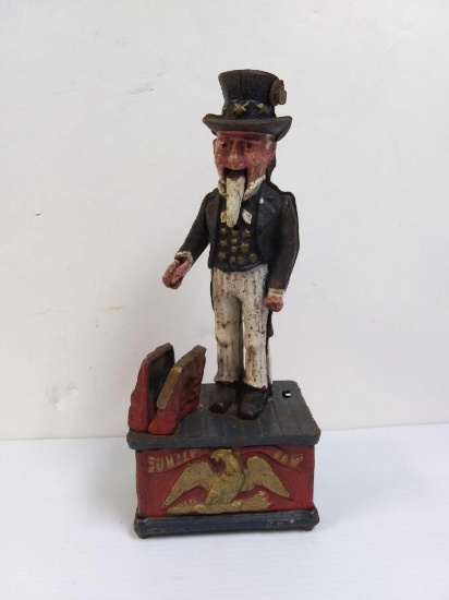 Vintage Reproduction Cast Iron Painted Uncle Sam Mechanical Coin Bank