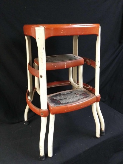 VTG Cosco RED & WHITE 50?s Farmhouse Metal Kitchen Step Stool/Chair Rustic MCM