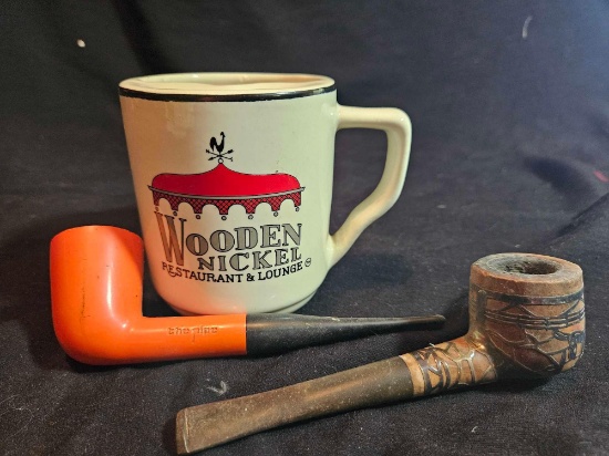 PIPES - INCLUDING Vintage Sterling overlay pipe plus Wooden Nickel mustache mug.