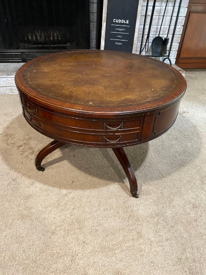 Rare vintage leather top round drum accent table