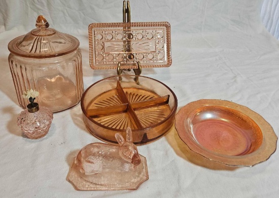PINK GLASS GROUPING INCLUDING DEPRESSION GLASS BISCUIT JAR WITH LID, CARNIVAL, DIAMOND PATTERN TRAY