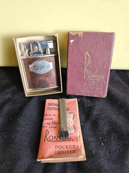 TINY RONSON POCKET LIGHTER IN BOX WITH MANUAL, MONOGRAMMED MC