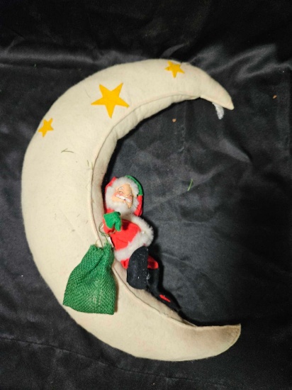 18 in.Vintage 1963 Annalee Doll Christmas Santa Resting On A Hanging Crescent Moon
